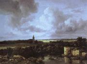 Jacob van Ruisdael an extensive landscape with a ruined castle and a village church France oil painting artist